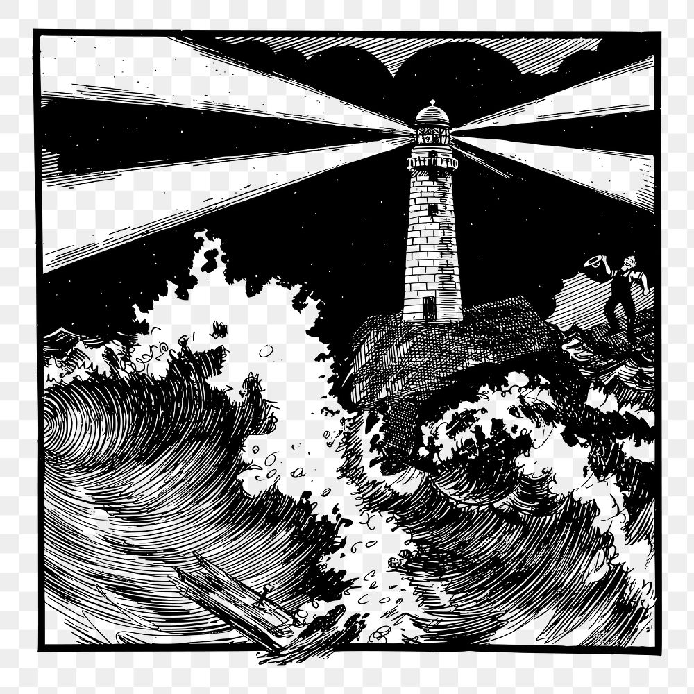 Lighthouse in storm png sticker vintage illustration, transparent background. Free public domain CC0 image.