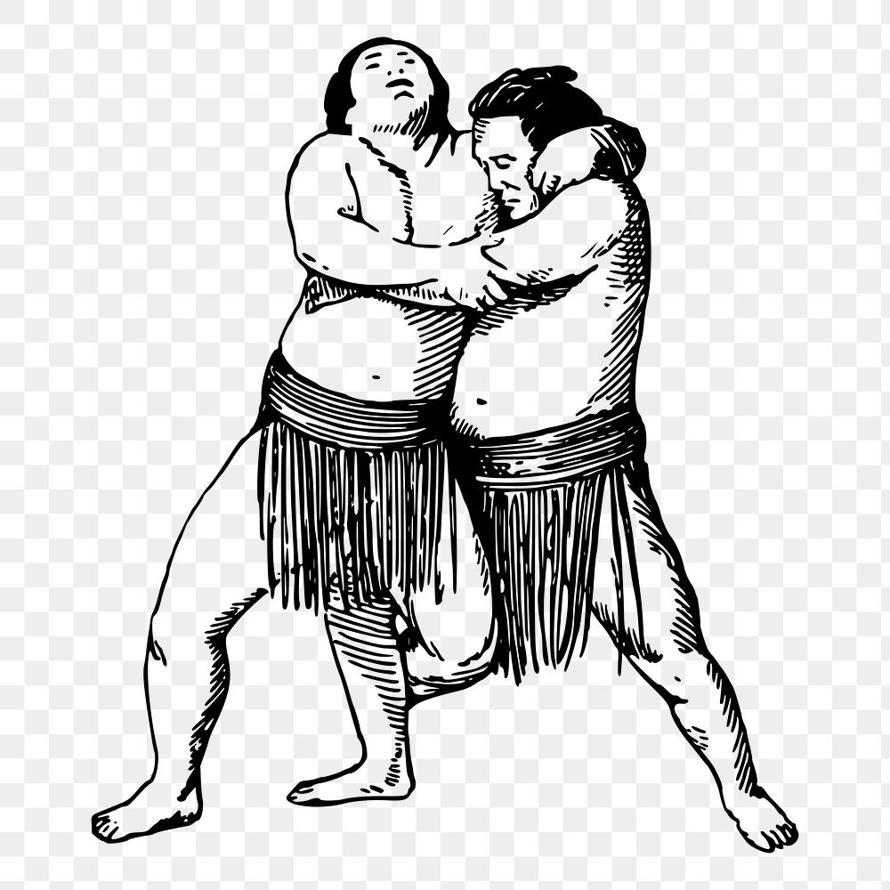 Japanese sumo wrestlers png drawing sticker vintage illustration, transparent background. Free public domain CC0 image.