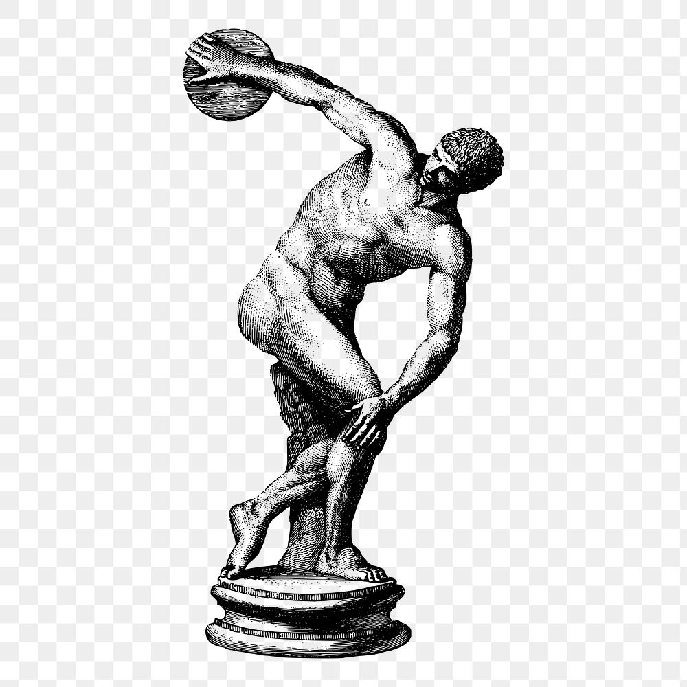 Discus athlete statue png drawing sticker vintage illustration, transparent background. Free public domain CC0 image.