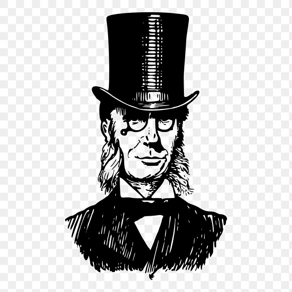 Top hat man png drawing vintage illustration, transparent background. Free public domain CC0 image.