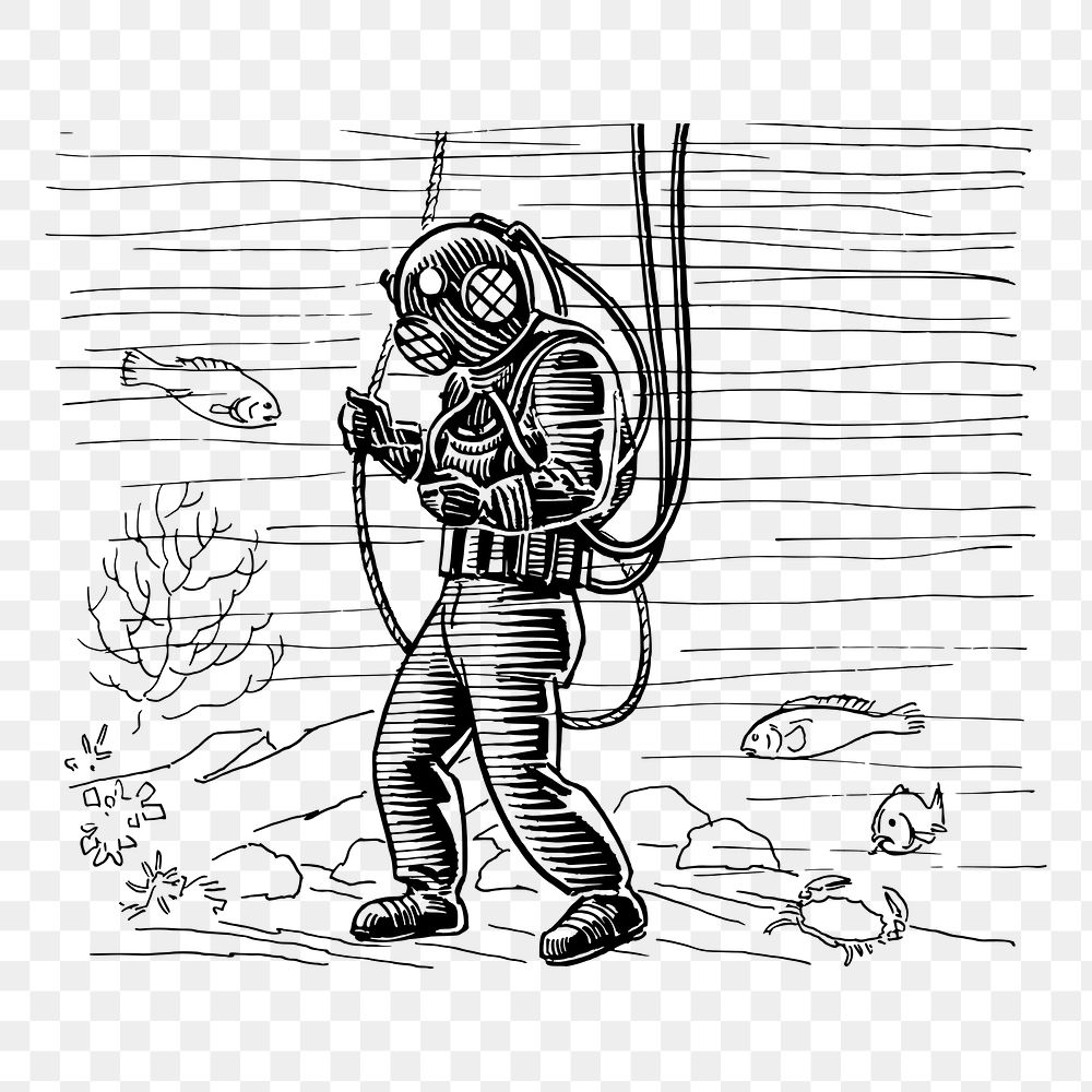 Scuba diver png sticker, vintage drawing illustration, transparent background. Free public domain CC0 image.