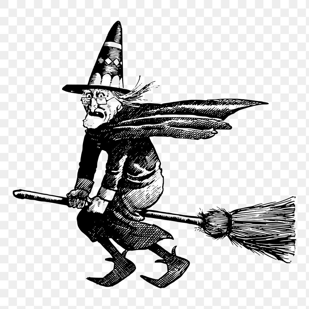 Flying witch png sticker vintage illustration, transparent background. Free public domain CC0 image.
