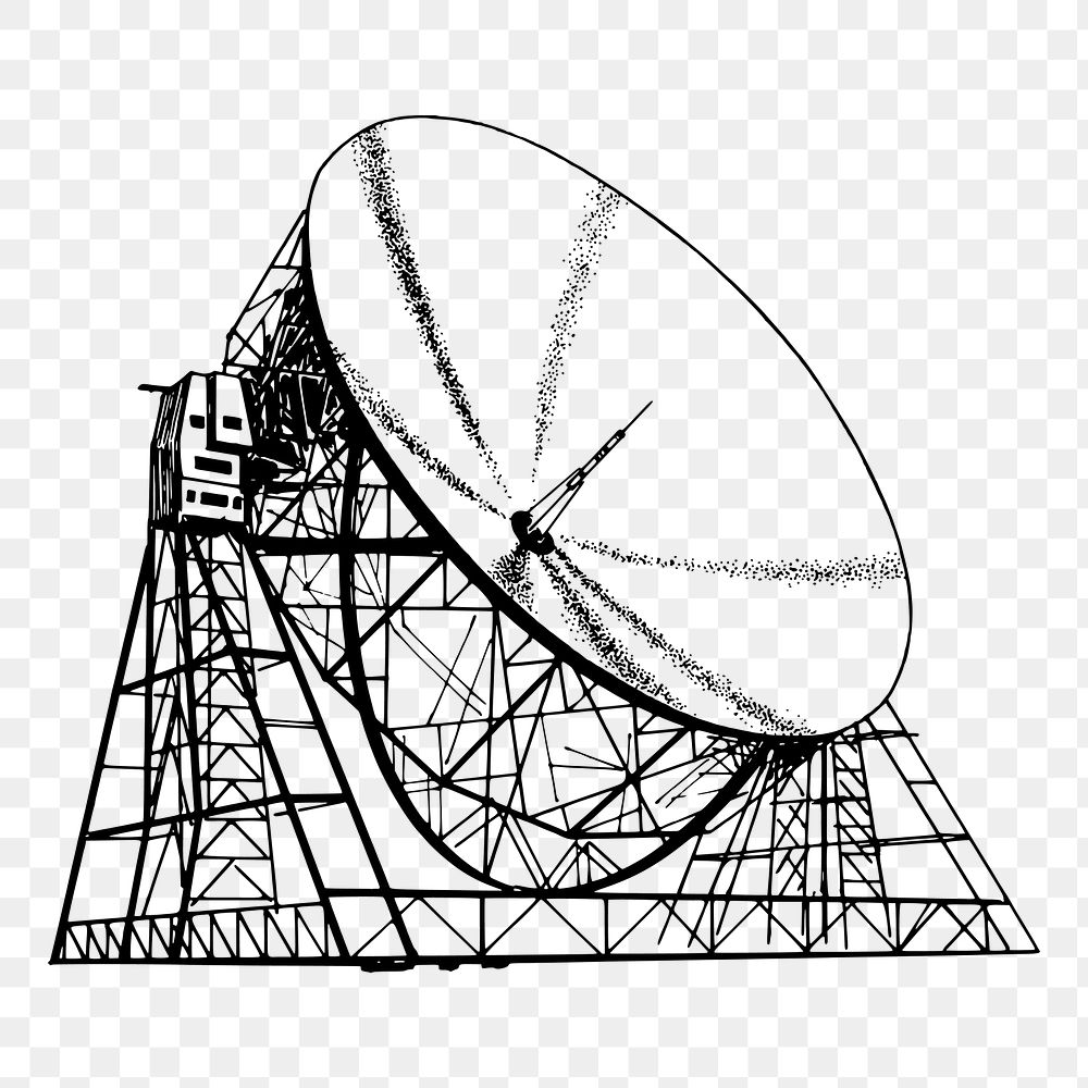 Radio telescope png sticker, vintage drawing, transparent background. Free public domain CC0 image.