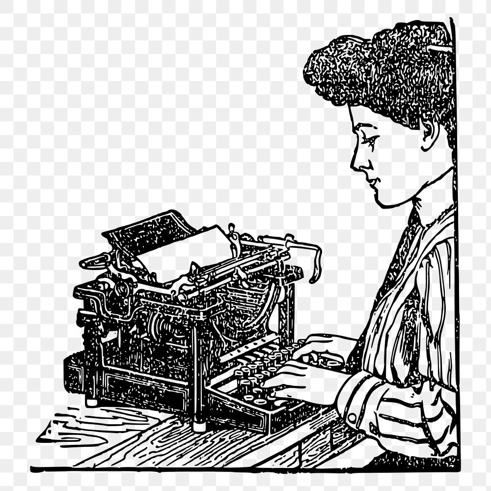 Png Woman using typewriter vintage illustration, transparent background. Free public domain CC0 image.