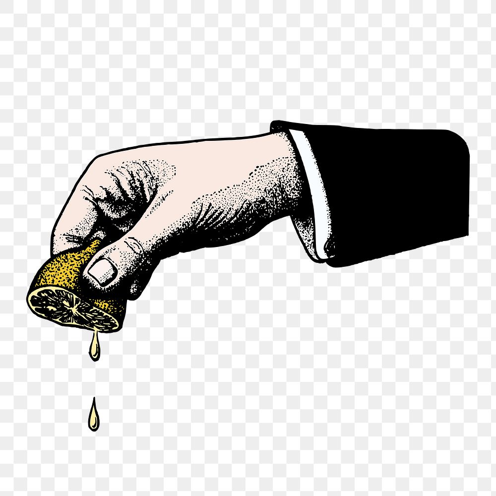 Hand squeezing lemon png sticker vintage illustration, transparent background. Free public domain CC0 image.