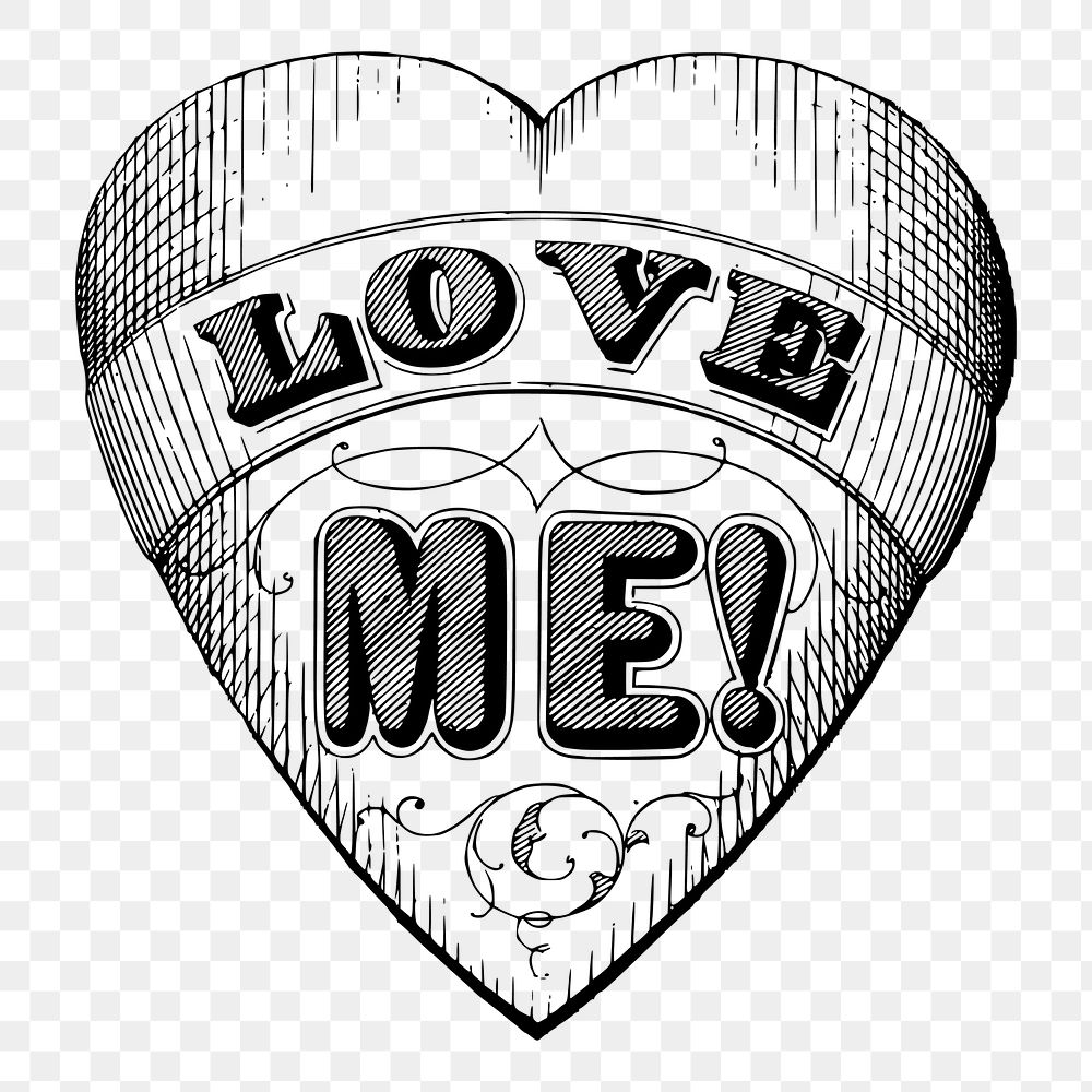 Love me heart png badge vintage hand drawn illustration, transparent background. Free public domain CC0 image.