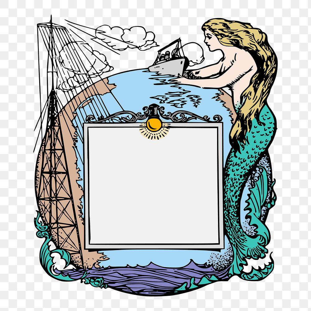 Mermaid frame png vintage illustration, transparent background. Free public domain CC0 image.