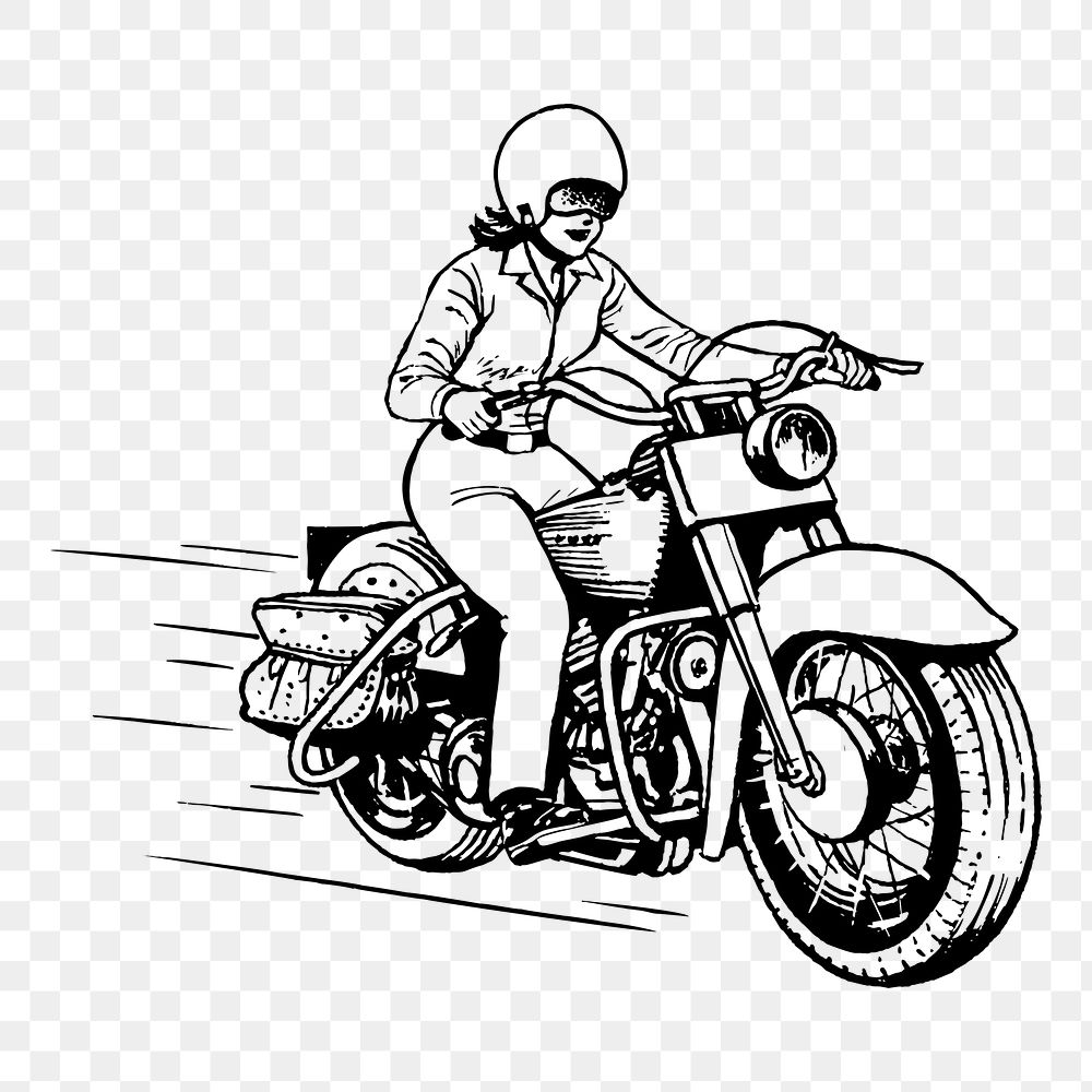 Woman biker png clipart, vintage vehicle illustration, transparent background. Free public domain CC0 image.