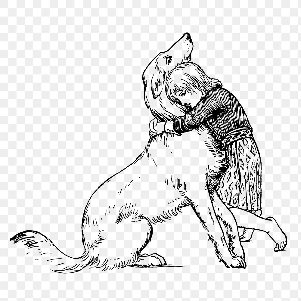 Girl hugging dog png clipart, vintage animal on transparent background. Free public domain CC0 image.