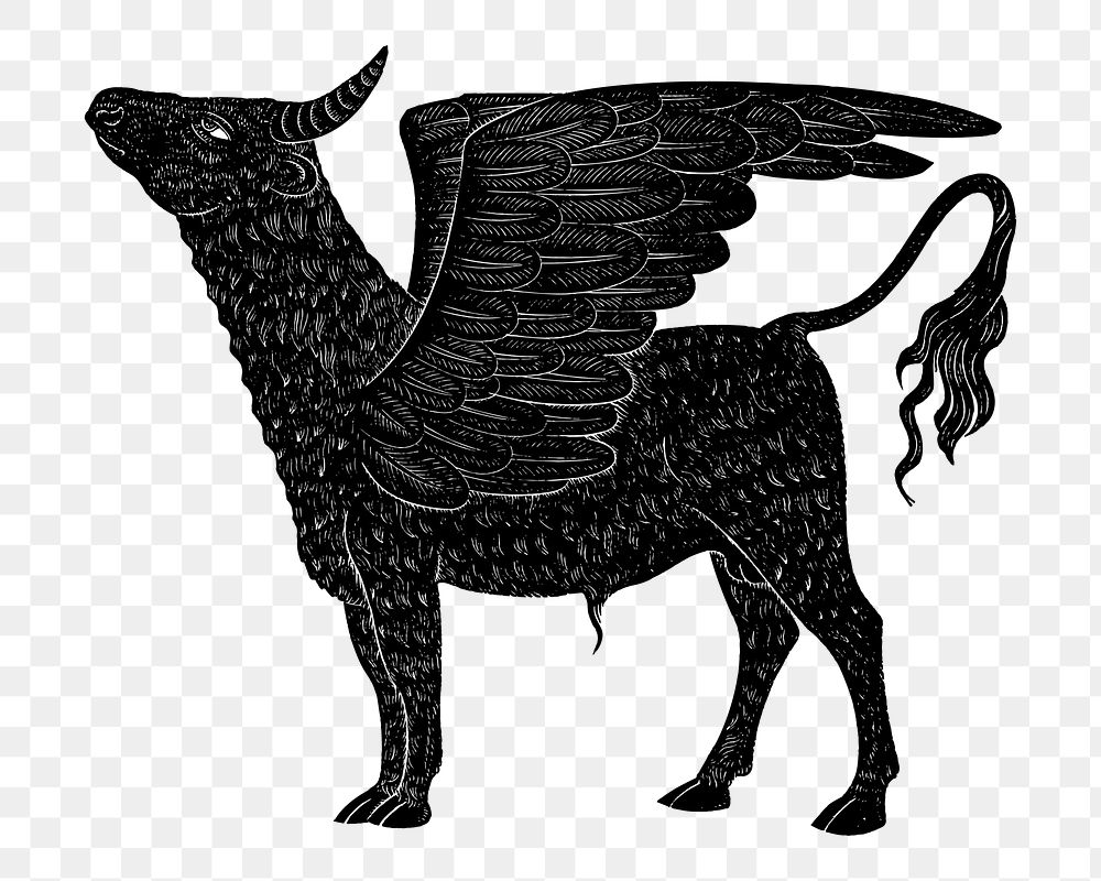 Winged bull png drawing sticker, magical creature illustration, transparent background. Free public domain CC0 image.