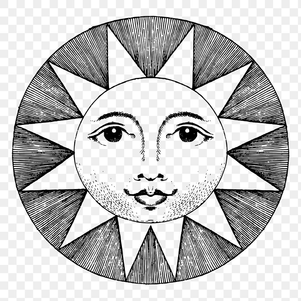 Celestial sun png drawing, vintage illustration, transparent background. Free public domain CC0 image.