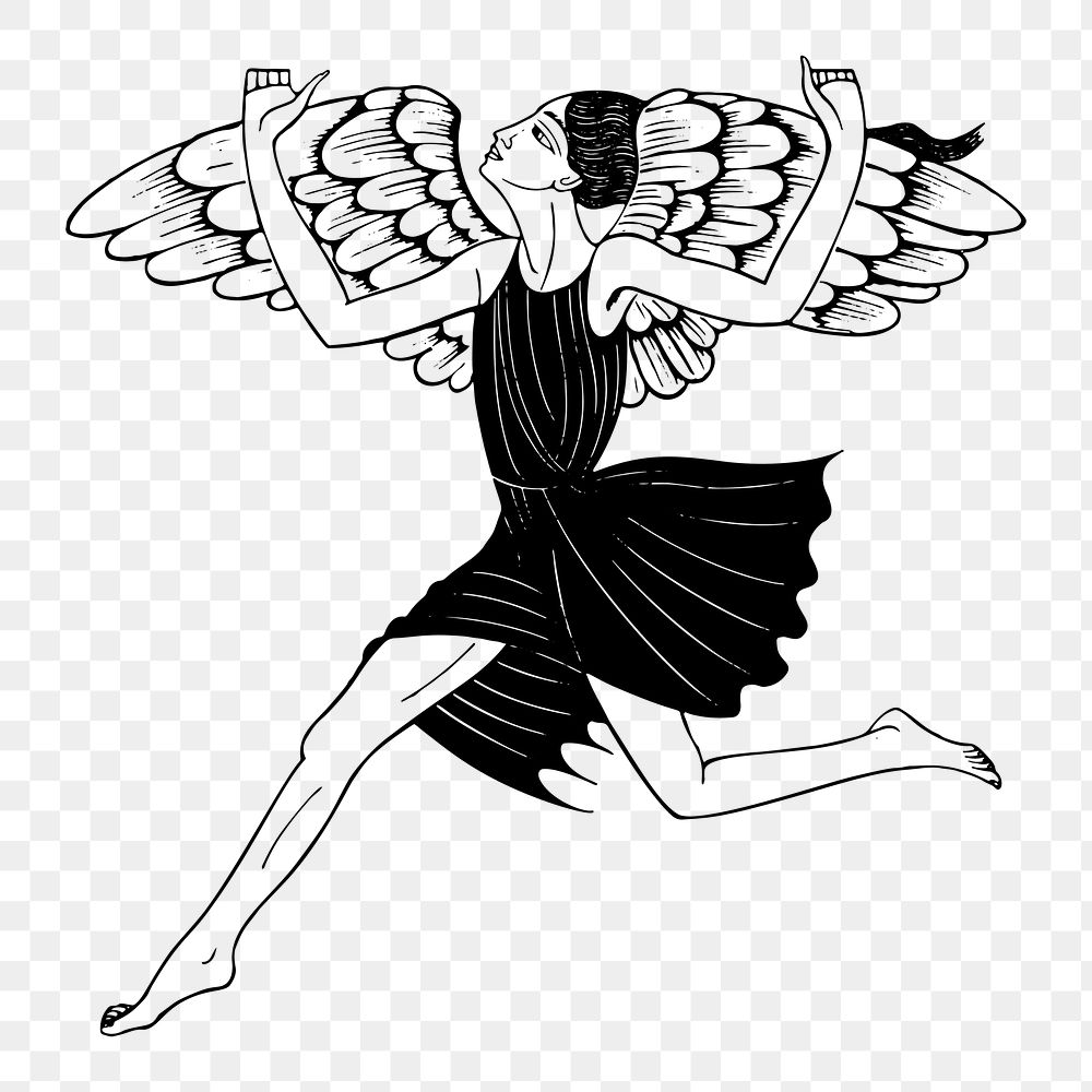 Jumping angel png drawing clipart, woman vintage illustration, transparent background. Free public domain CC0 image.