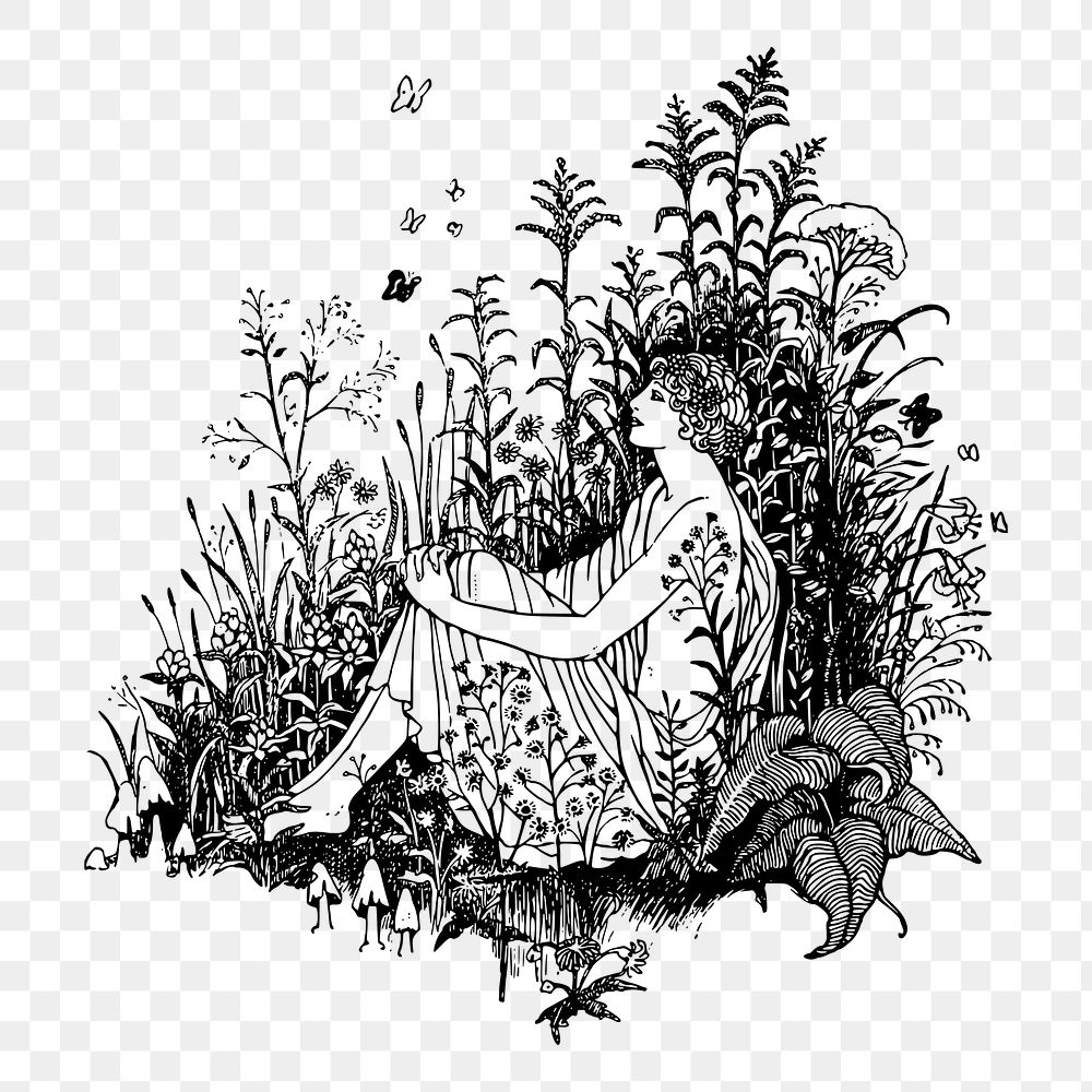Png Woman sitting in grass drawing, vintage illustration, transparent background. Free public domain CC0 image.