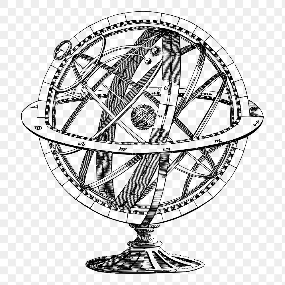 Armillary sphere png drawing, vintage astronomy illustration, transparent background. Free public domain CC0 image.