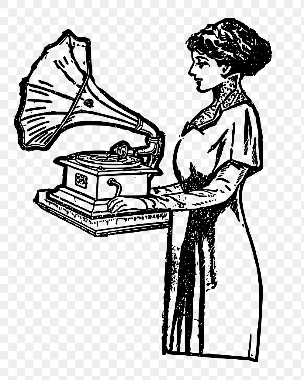 Png woman using gramophone drawing clipart, vintage illustration, transparent background. Free public domain CC0 image.