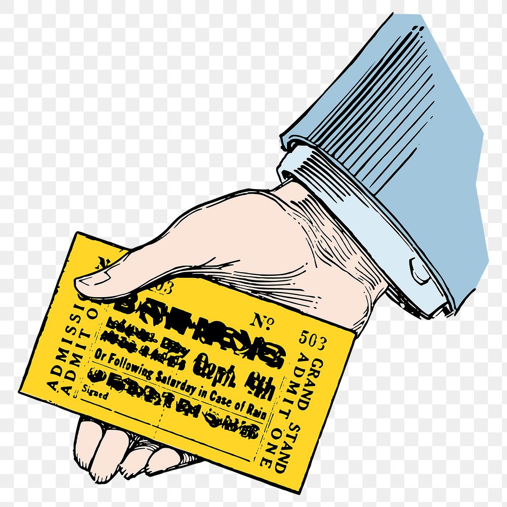 Png yellow ticket in hand sticker, retro illustration, transparent background. Free public domain CC0 image.