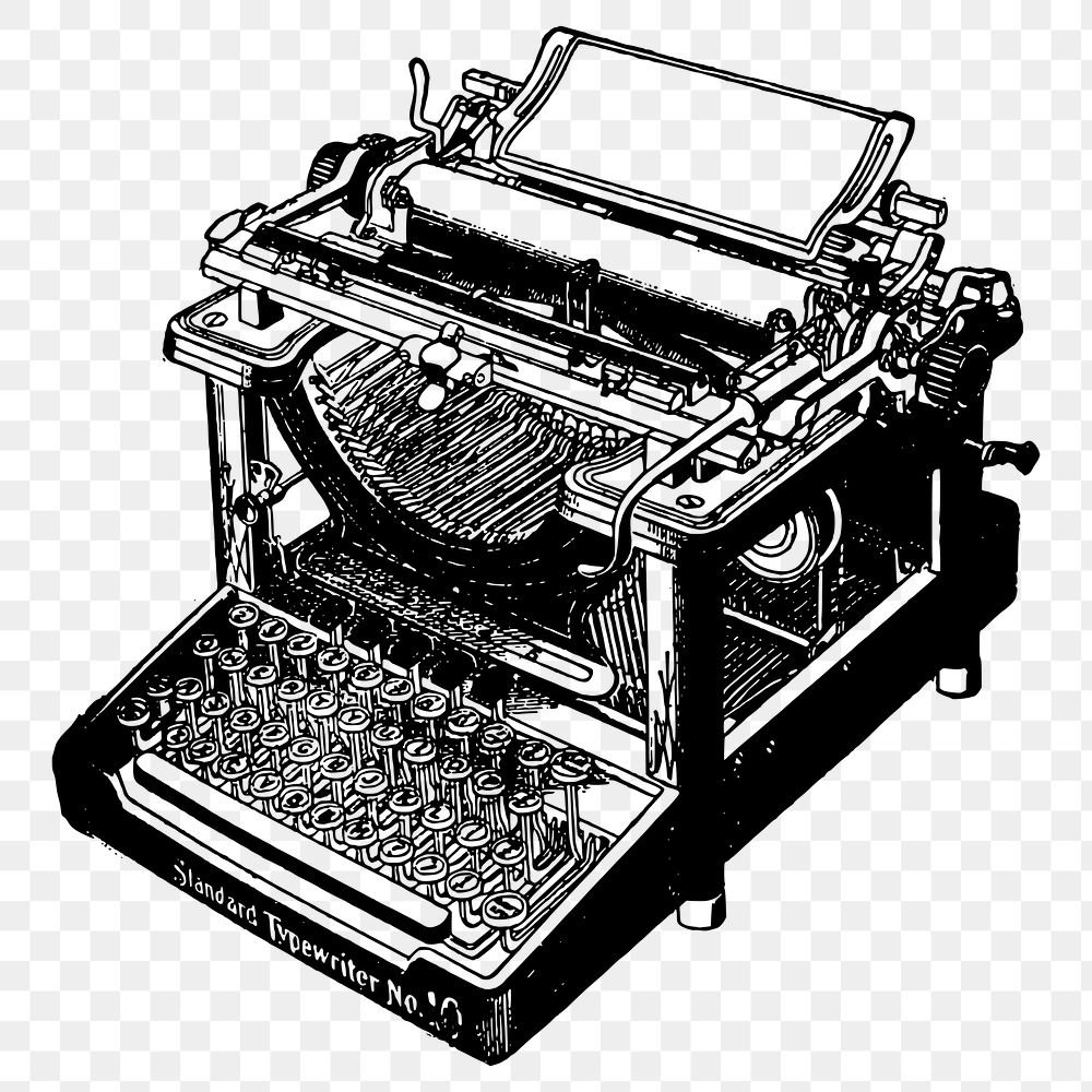 Vintage typewriter png sticker, black and white illustration, transparent background. Free public domain CC0 image.