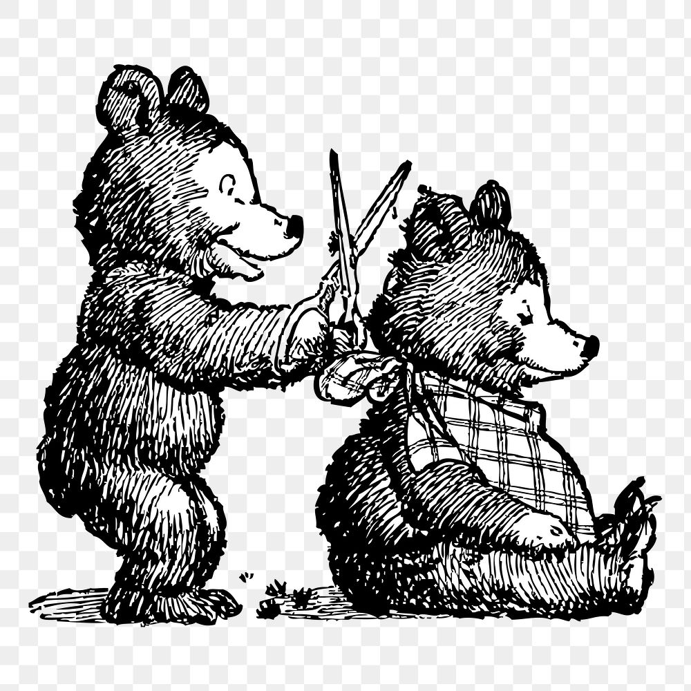 Png little bears getting haircut, animal hand drawn illustration, transparent background. Free public domain CC0 image.