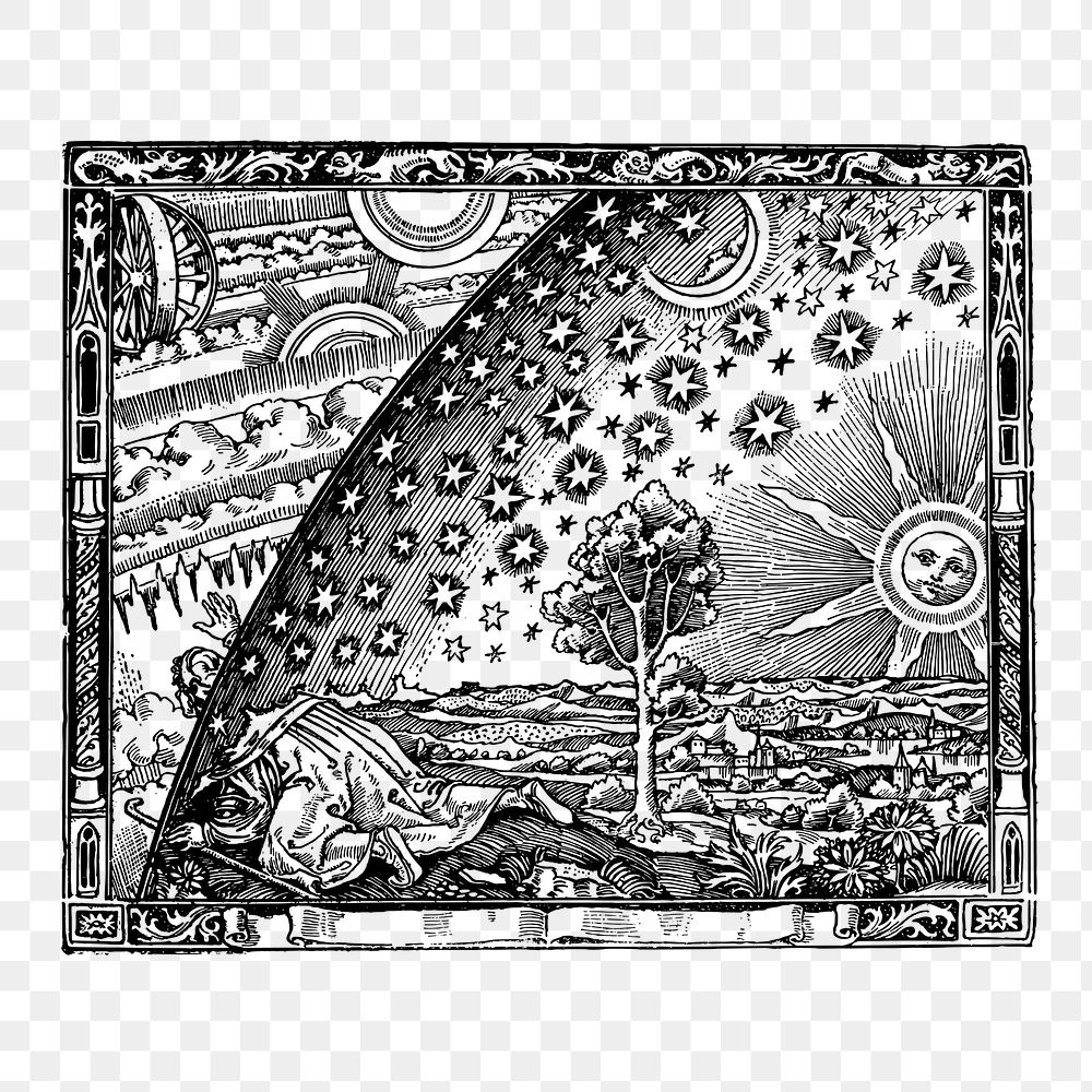 Universe png sticker, Flammarion hand drawn illustration, transparent background. Free public domain CC0 image.