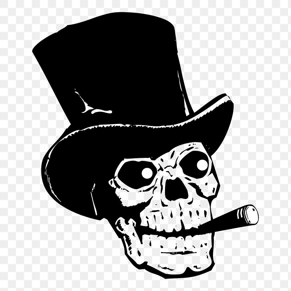 Png skull with top hat sticker, death hand drawn illustration, transparent background. Free public domain CC0 image.
