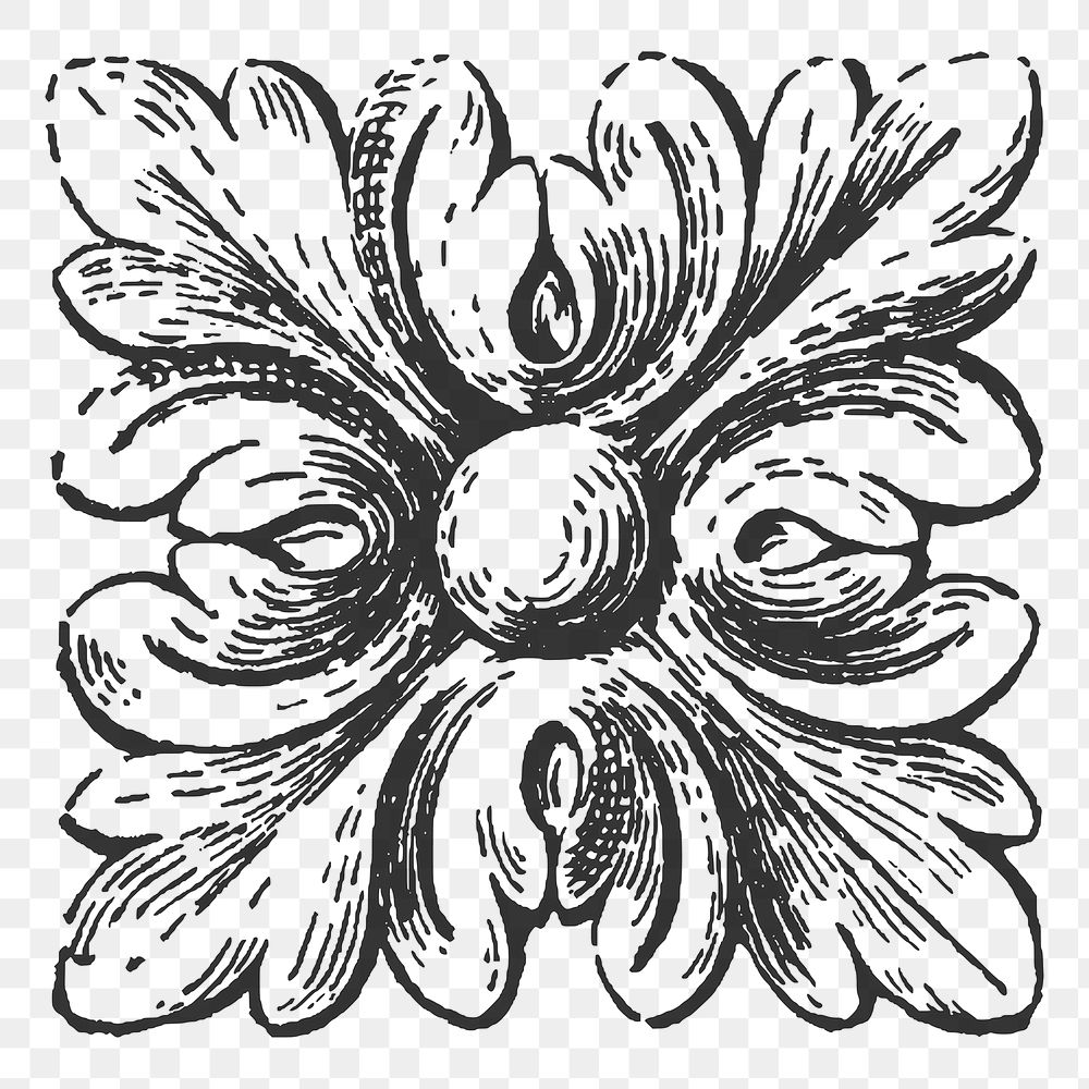 Floral ornament png sticker, vintage illustration, transparent background. Free public domain CC0 image.