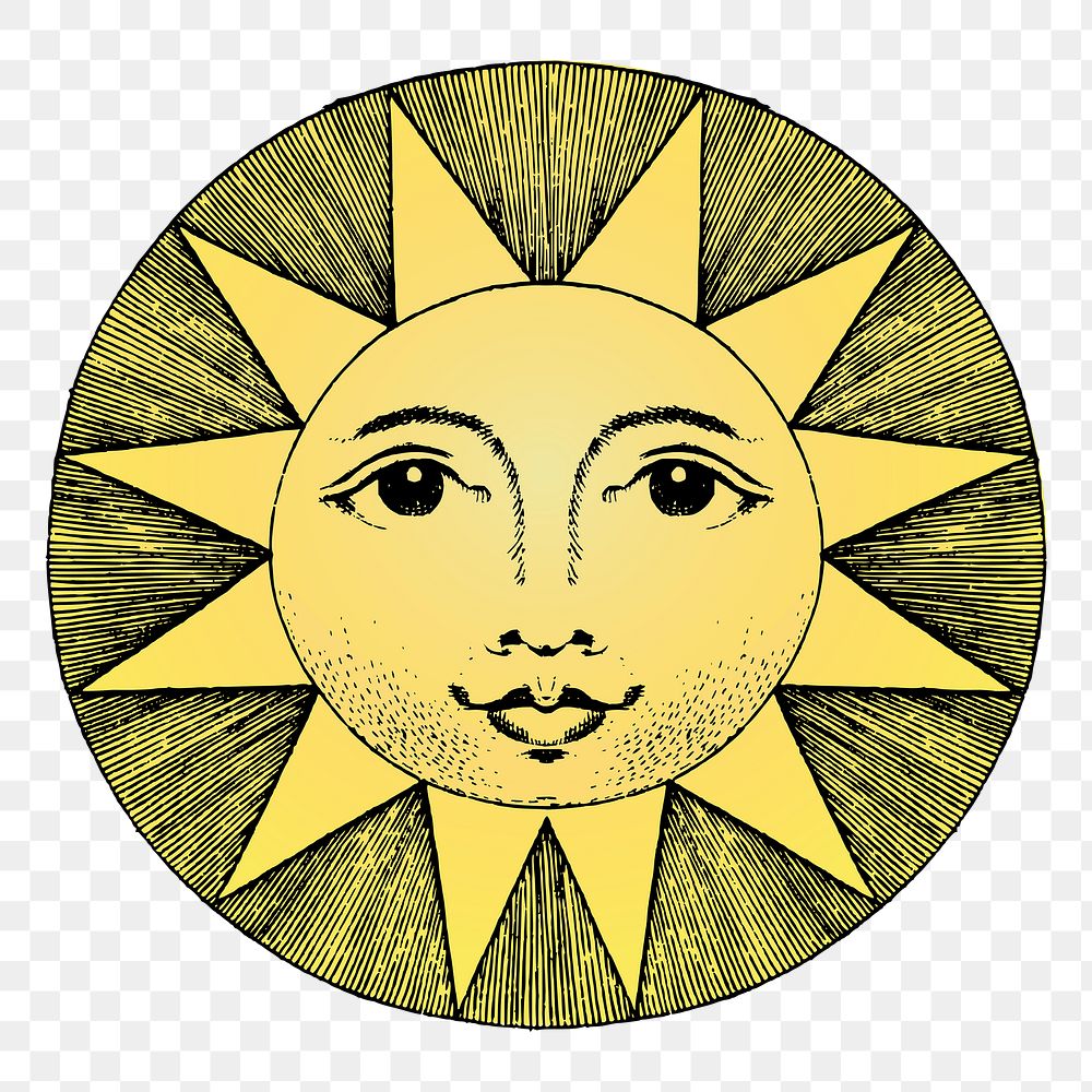 Smiling sun png sticker vintage illustration, transparent background. Free public domain CC0 image.