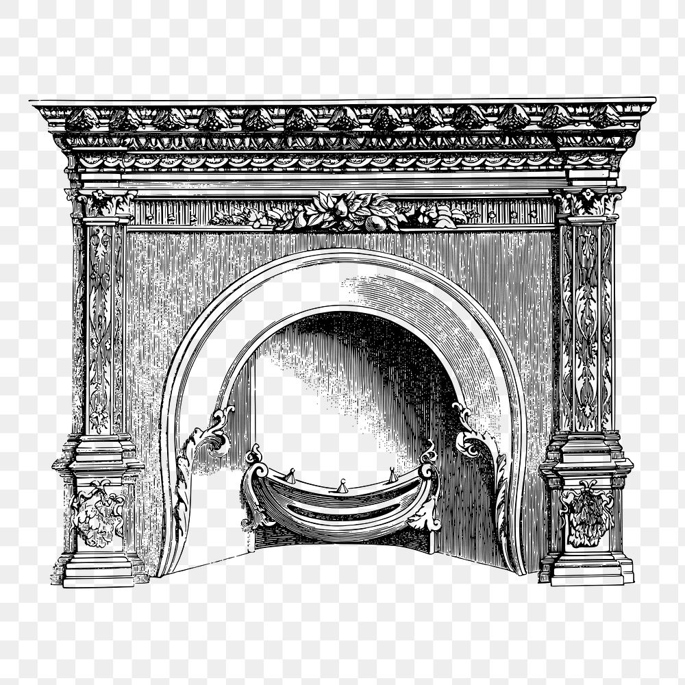 Antique fireplace png sticker, black and white illustration, transparent background. Free public domain CC0 image.