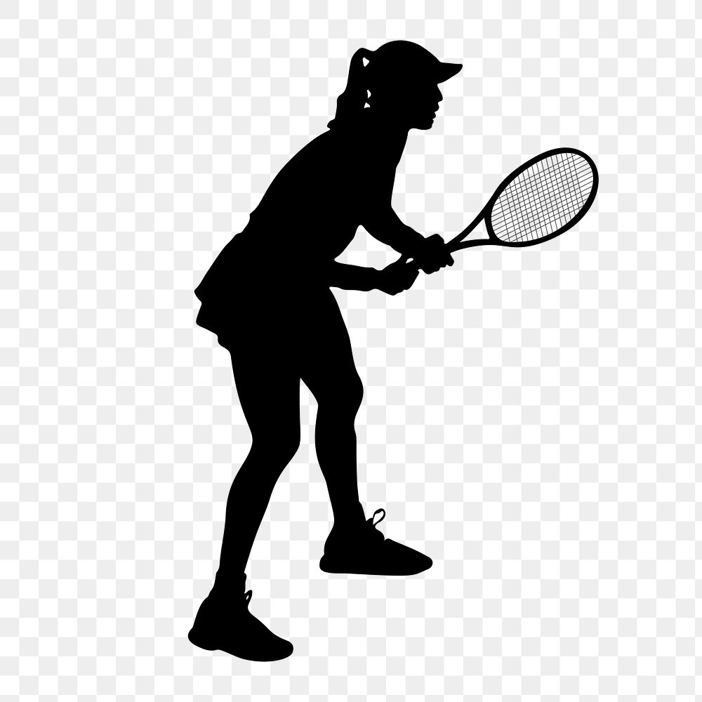 Female tennis player png silhouette, transparent background. Free public domain CC0 image.
