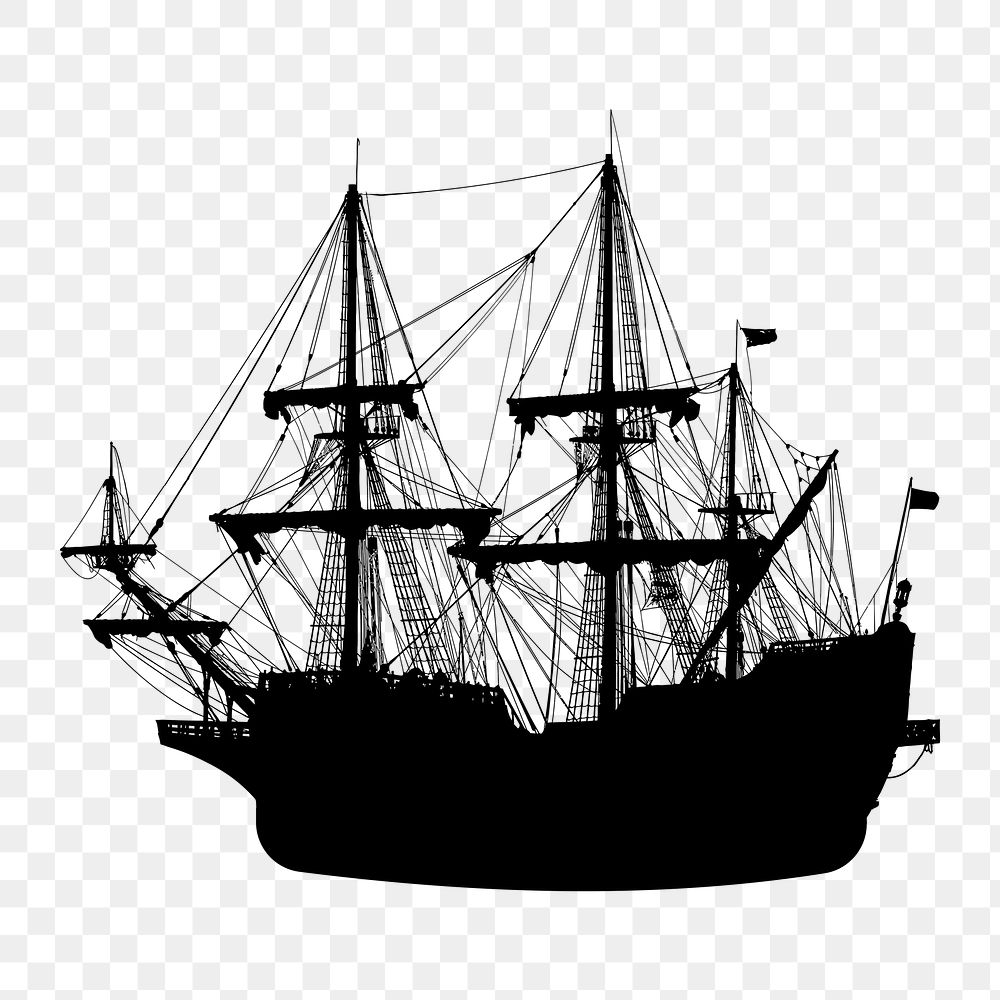 Vintage sailing ship png silhouette, transparent background. Free public domain CC0 image.