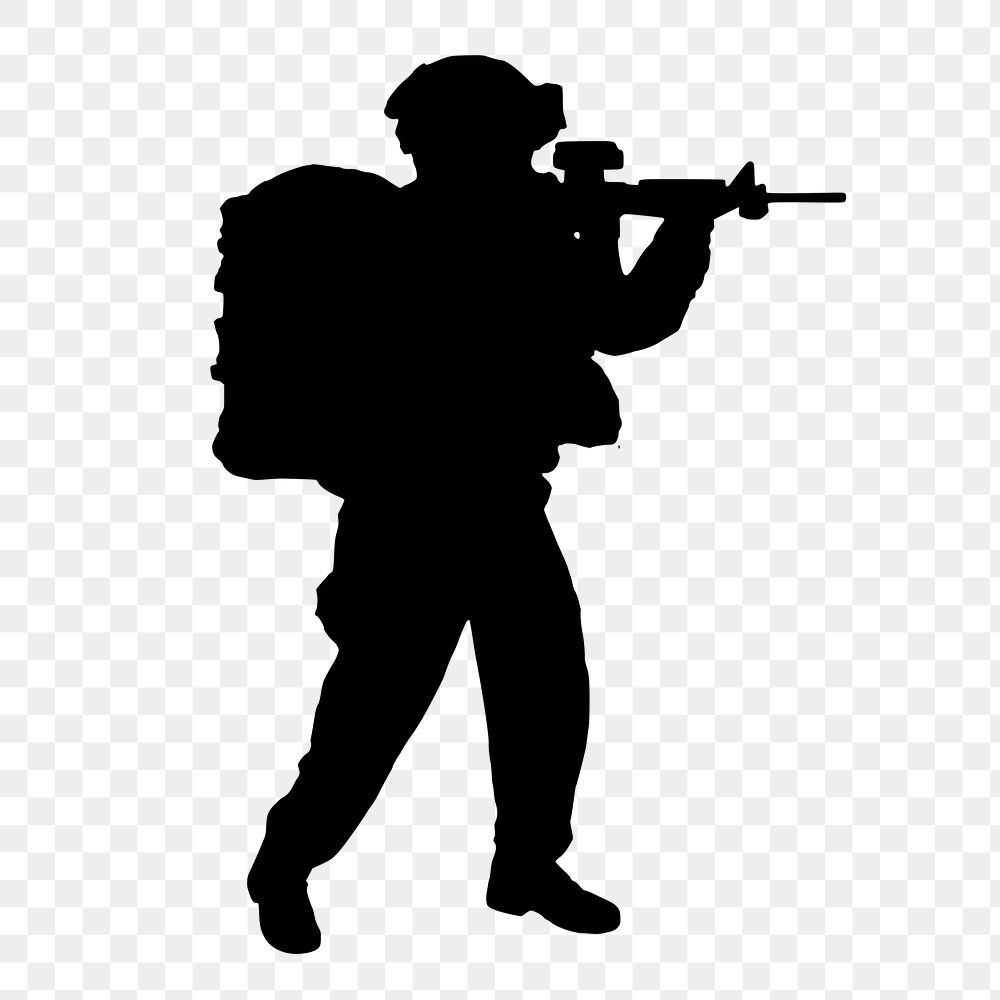Soldier pointing gun png silhouette, transparent background. Free public domain CC0 image.