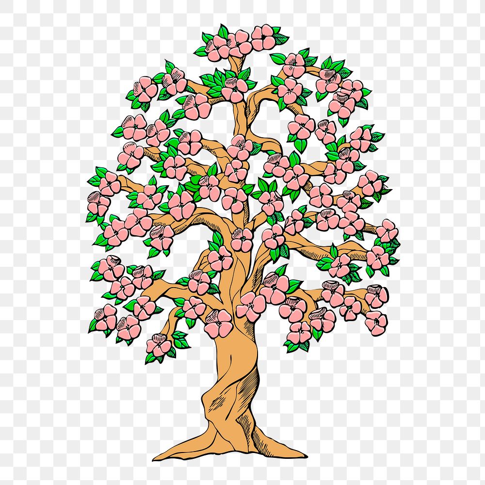 Flowering tree png sticker, cute illustration on transparent background. Free public domain CC0 image.
