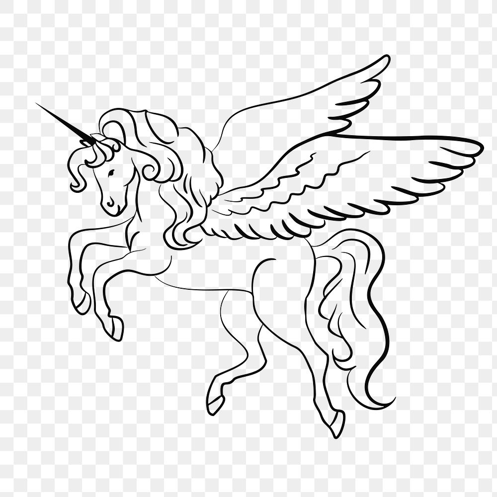 Winged unicorn png sticker, creature line art on transparent background. Free public domain CC0 image.