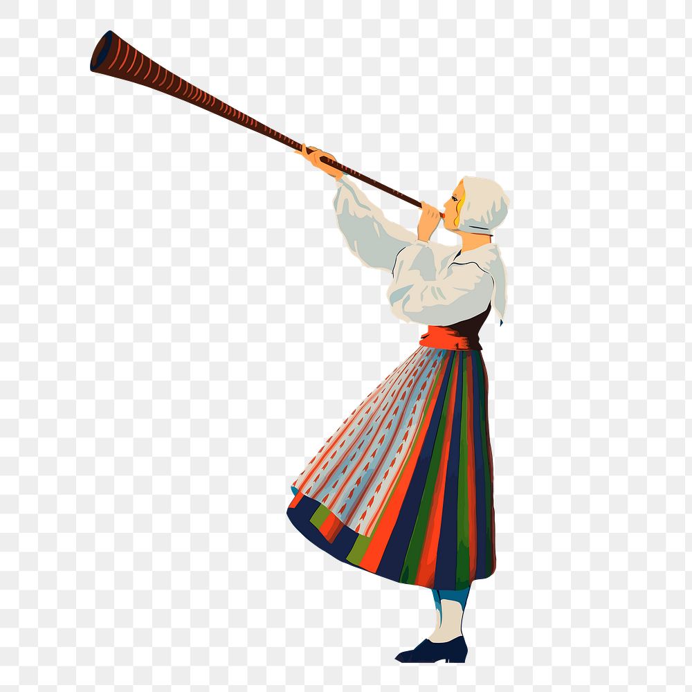 Swedish woman png blowing horn illustration on transparent background. Free public domain CC0 image.