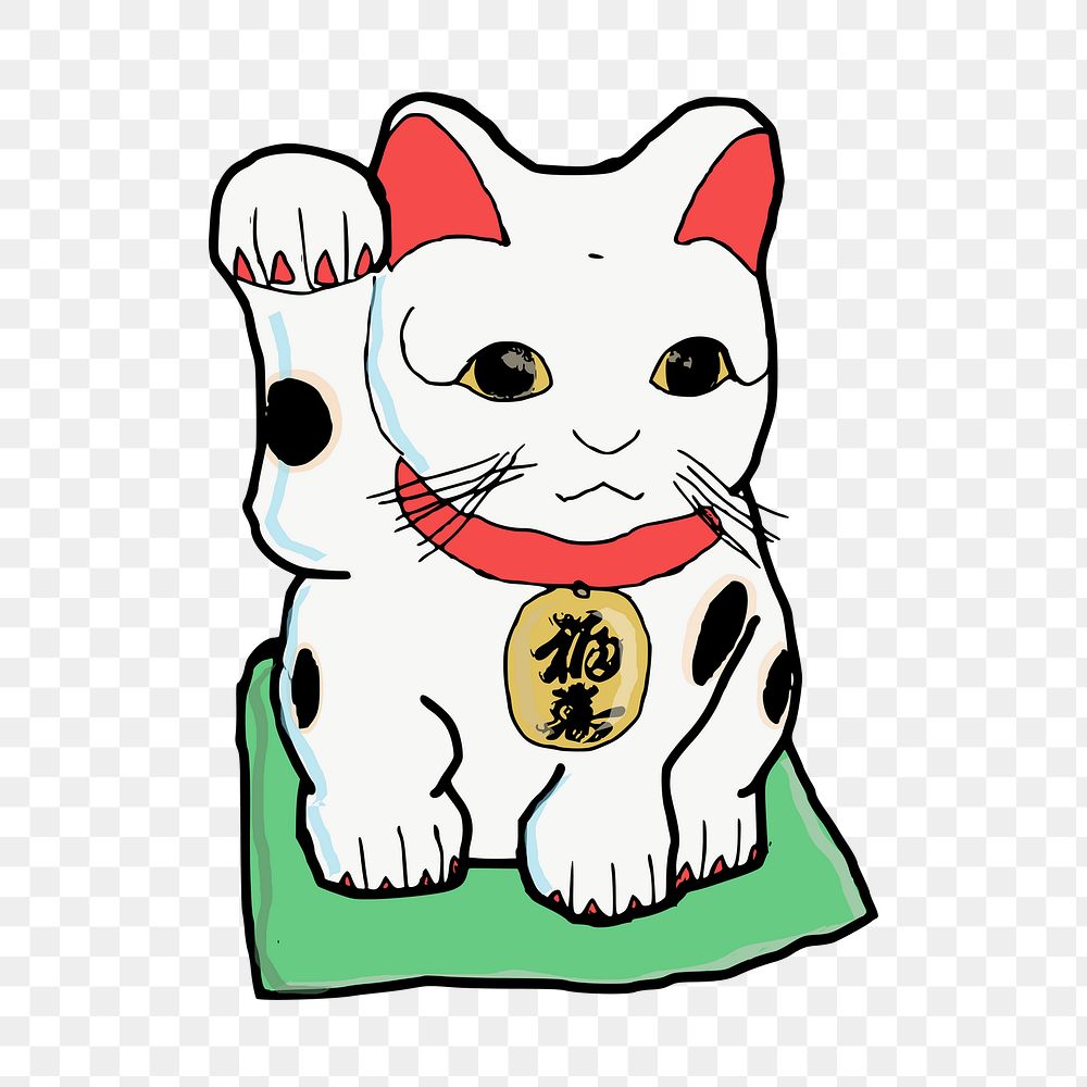 Maneki Neko png sticker, Japanese lucky cat figurine illustration on transparent background. Free public domain CC0 image.
