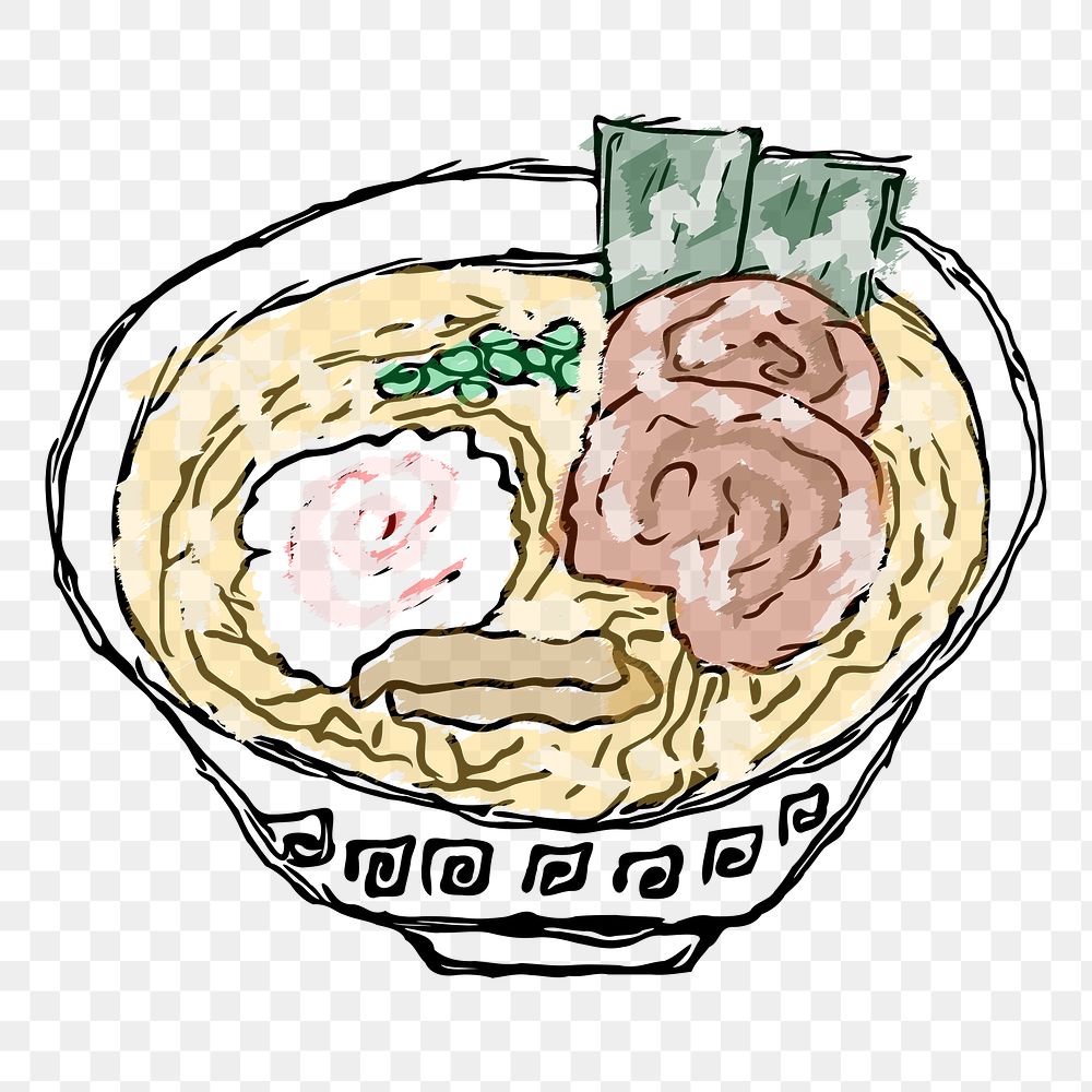 Ramen noodle bowl png sticker, Japanese food hand drawn illustration, transparent background. Free public domain CC0 image.