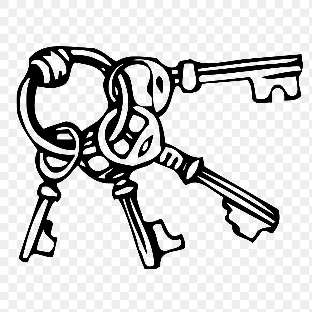 Old keys, object hand drawn illustration, transparent background. Free public domain CC0 image.
