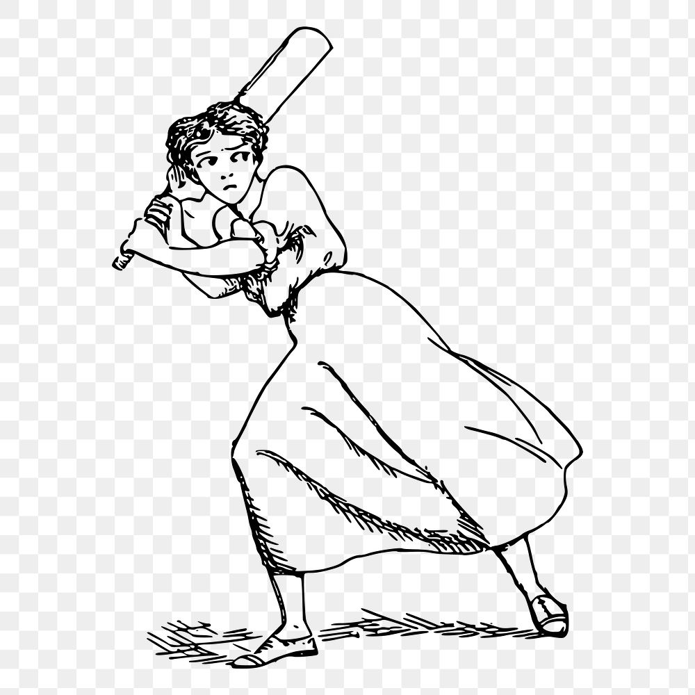 Woman playing cricket png sticker, vintage sport illustration on transparent background. Free public domain CC0 image.