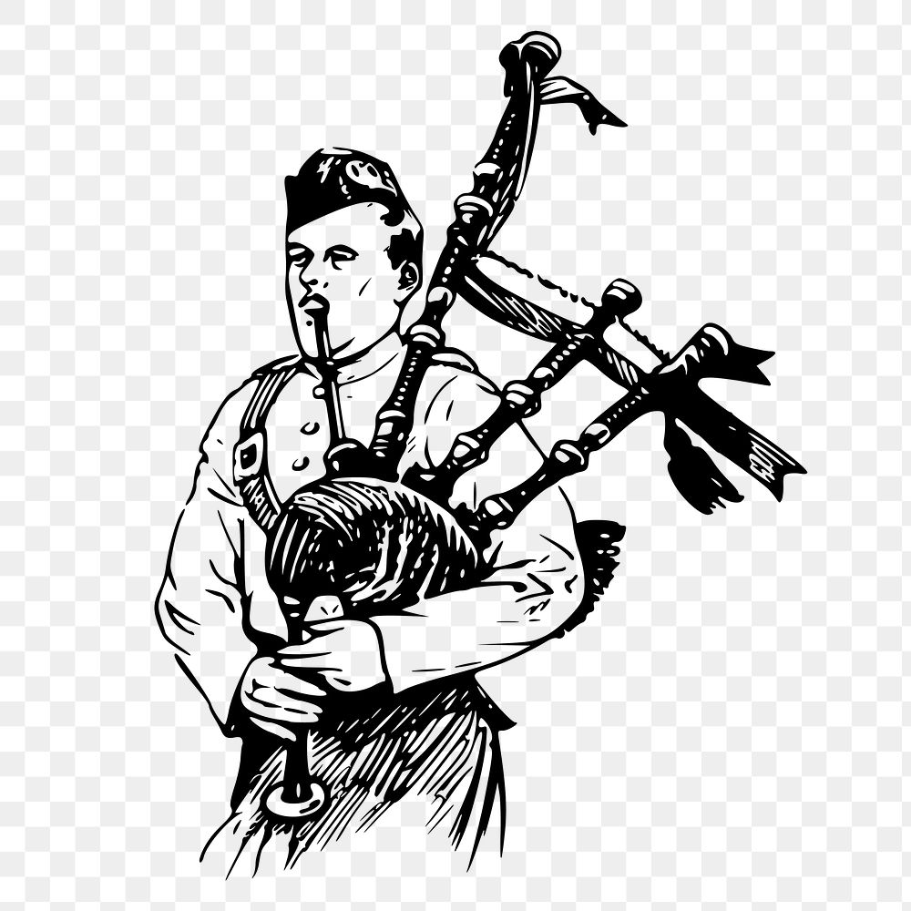 Man playing bagpipes png sticker, vintage music illustration on transparent background. Free public domain CC0 image.