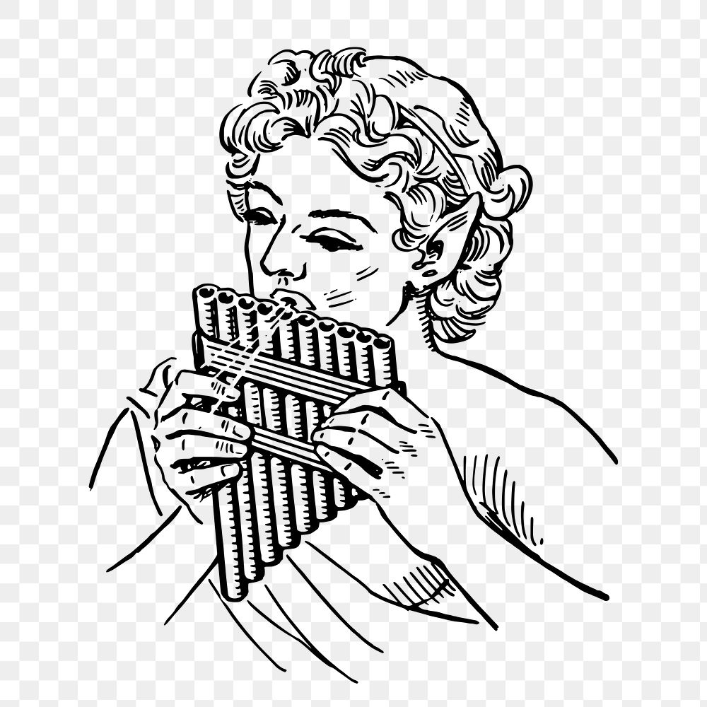 Woman playing panpipe png sticker, vintage music illustration on transparent background. Free public domain CC0 image.