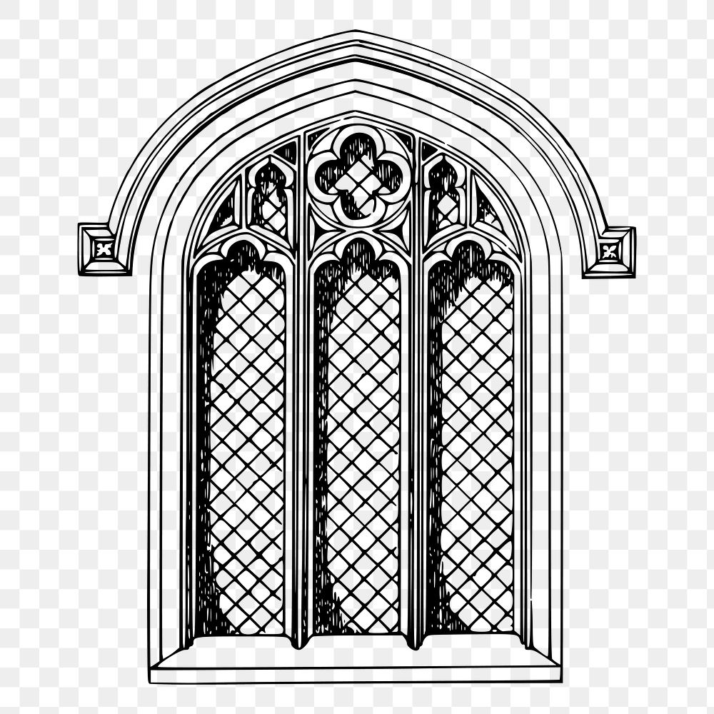Church window png sticker, vintage architecture illustration on transparent background. Free public domain CC0 image.