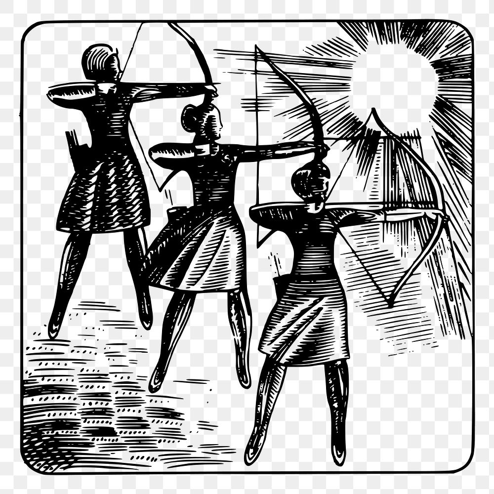 Female archery png sticker, vintage sport illustration on transparent background. Free public domain CC0 image.