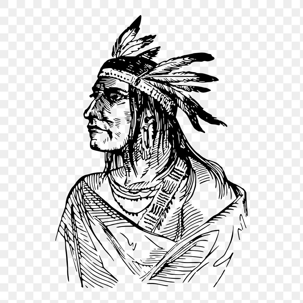 Native American png man, vintage portrait illustration on transparent background. Free public domain CC0 image.
