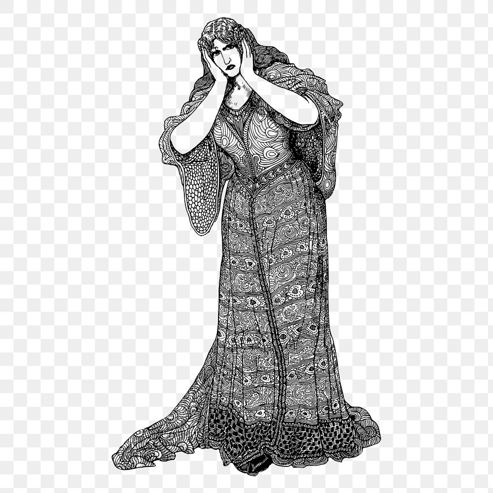 Scared lady png wearing dress sticker, vintage illustration on transparent background. Free public domain CC0 image.