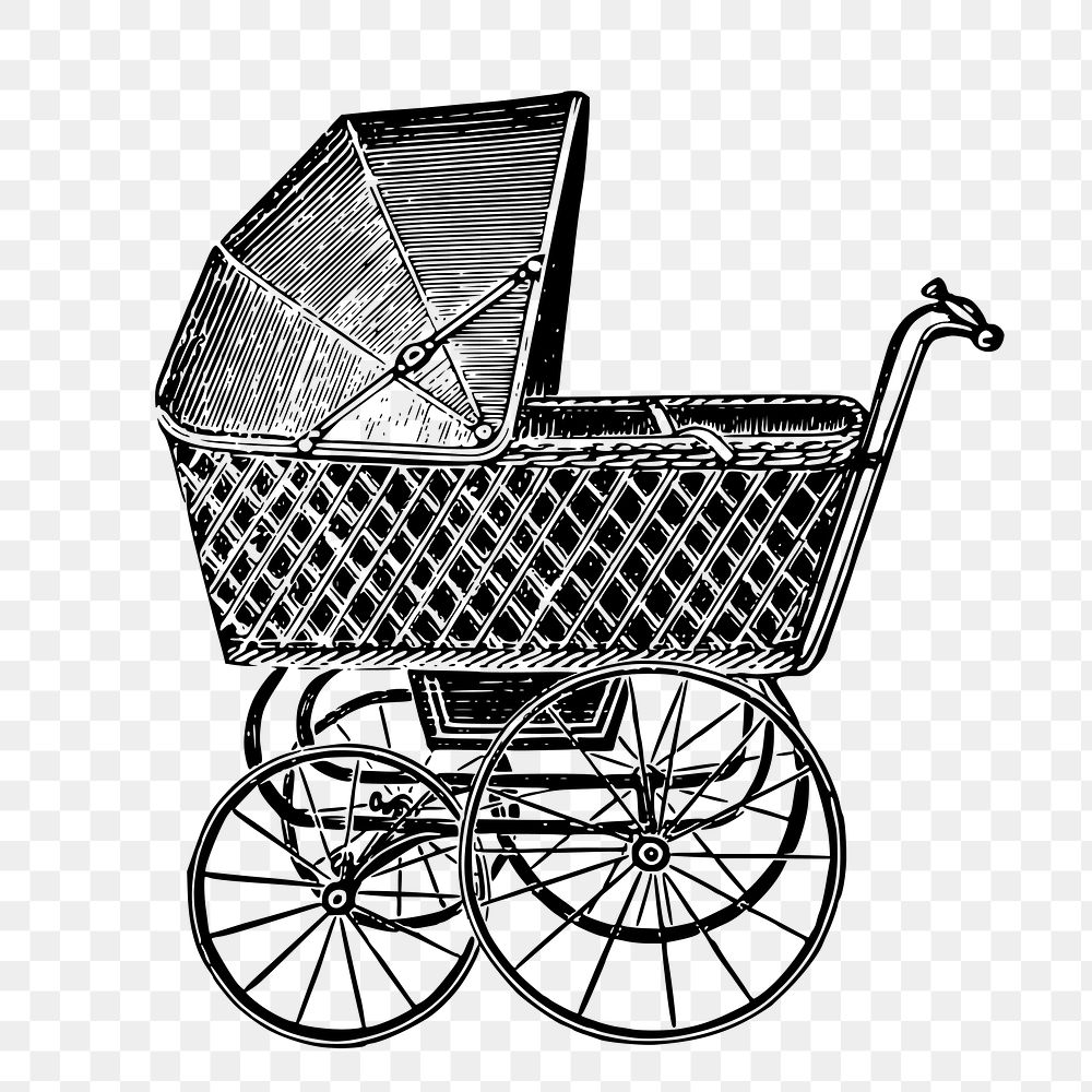 Pram, baby stroller png sticker, vintage illustration on transparent background. Free public domain CC0 image.