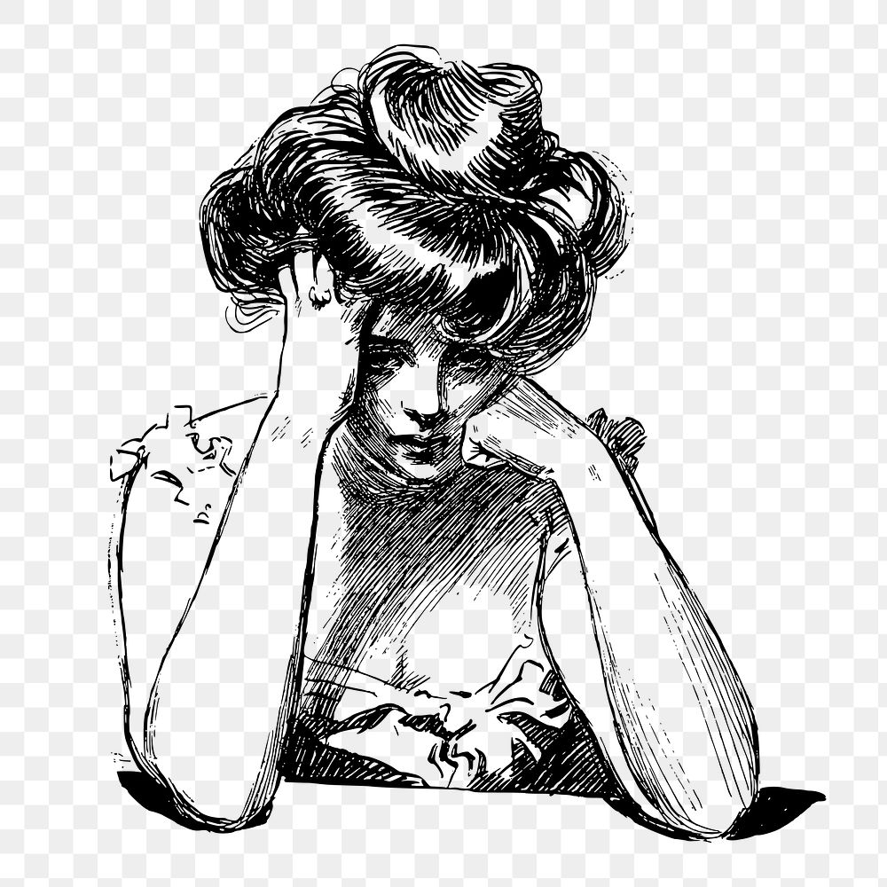 Sad woman png sticker, vintage illustration on transparent background. Free public domain CC0 image.