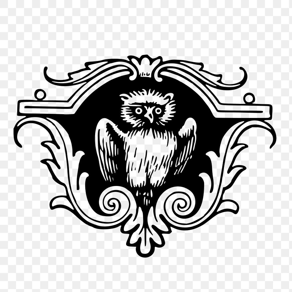 Owl baroque ornament png sticker, vintage illustration on transparent background. Free public domain CC0 image.