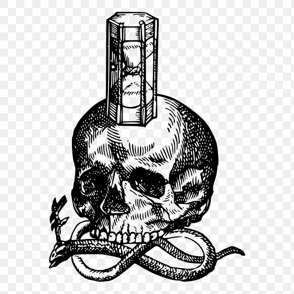 Hourglass skull png sticker, dark fantasy vintage illustration on transparent background. Free public domain CC0 image.