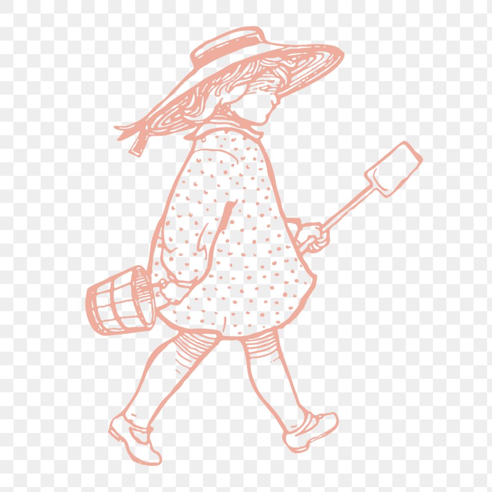 Png girl holding shovel sticker, summer illustration, transparent background