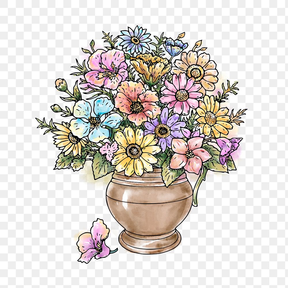 Flower vase png sticker, spring watercolor illustration, transparent background