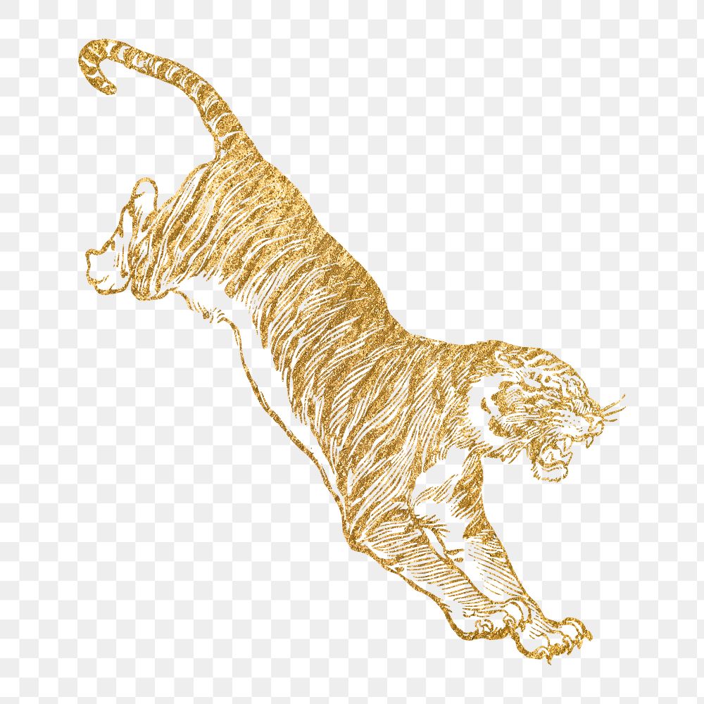 Gold tiger png sticker, animal aesthetic illustration, transparent background